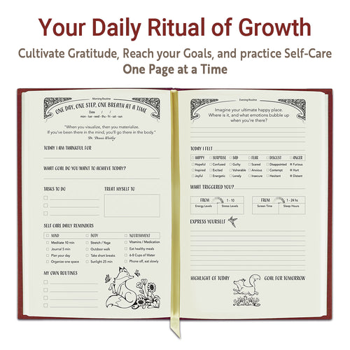 Empowering red journal with prompts to build emotional strength and clarity.