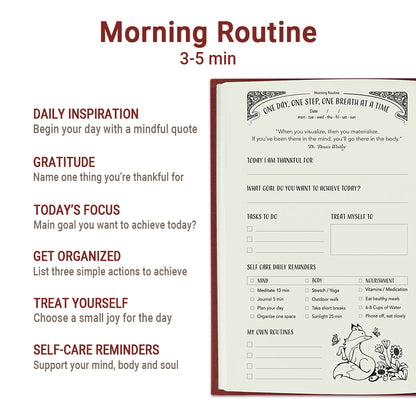 Red daily journal for self-care, promoting resilience and mindful reflection.