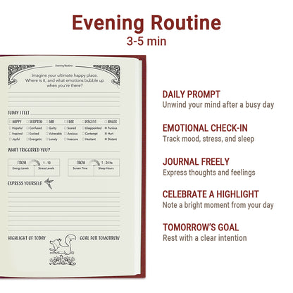 Strength-themed red journal with exercises to reduce stress and set goals.