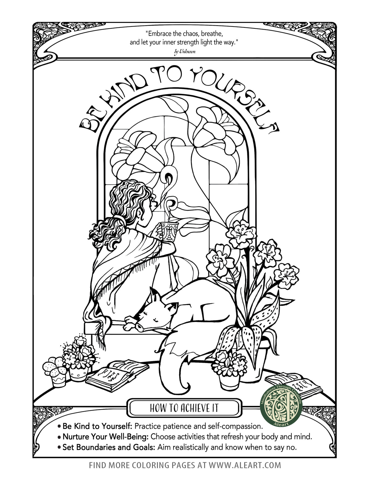 'Self-Care Journey' free printable coloring page for adults — a gentle first step toward calm, mindful daily practice.