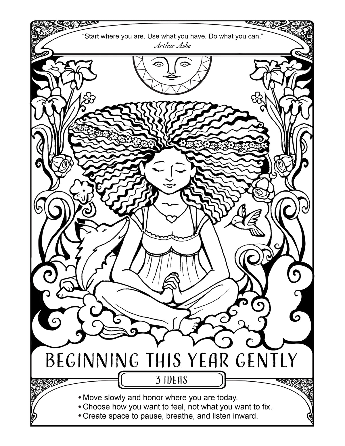 'Beginning Gently' hand-drawn adult coloring page — a soft start to the year with mindful intention over pressure.