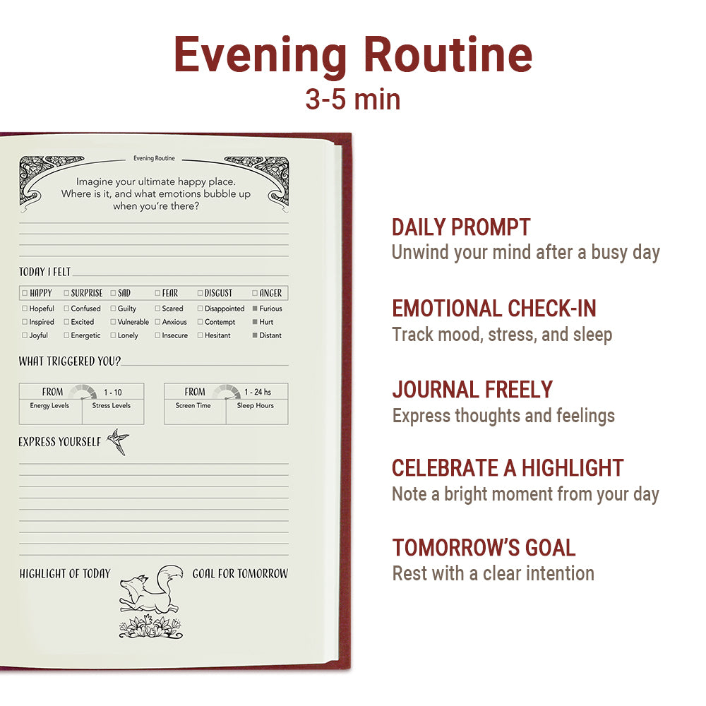Evening page of the Strength Daily Journal with a reflection prompt, emotional check-in, free journaling, daily highlight, and goal for tomorrow.