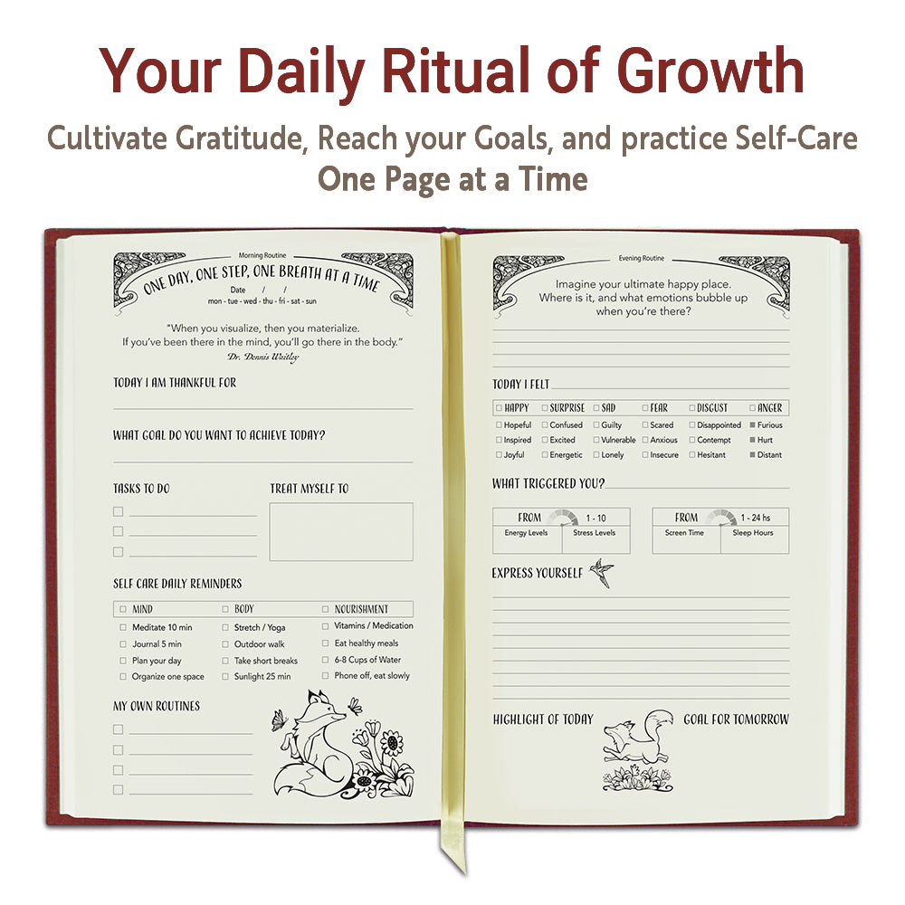 Open Strength Daily Journal showing morning and evening pages with gratitude, daily focus, self-care, reflection, and emotional check-in prompts.