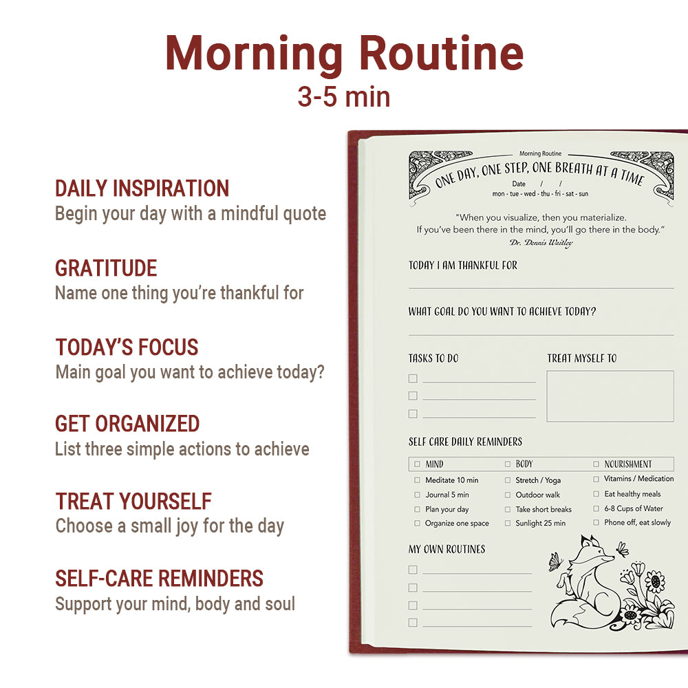 Morning page of the Strength Daily Journal with gratitude, daily focus, self-care reminders, and space to build supportive habits.