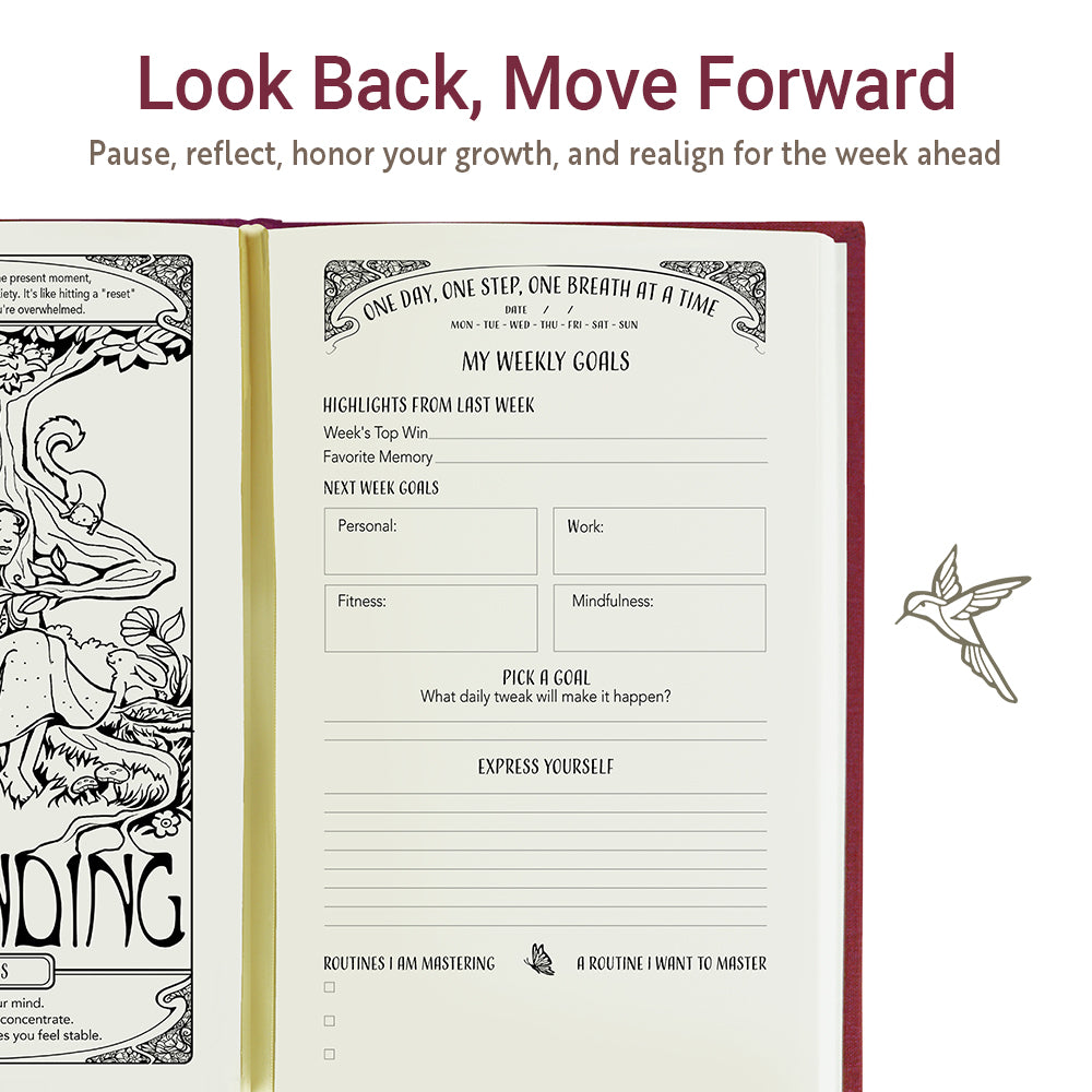 Weekly reflection page in the Strength Daily Journal for celebrating progress, reviewing habits, and setting goals for the week ahead.