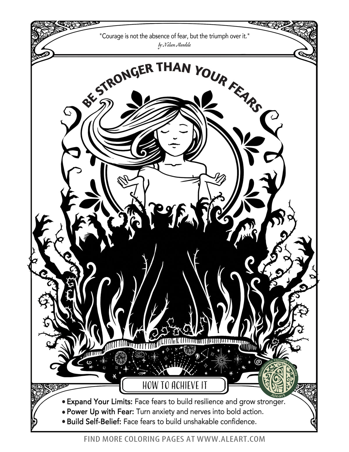 'Stronger Than Fears' adult coloring page — a mindful practice to sit with fear gently and build inner steadiness.