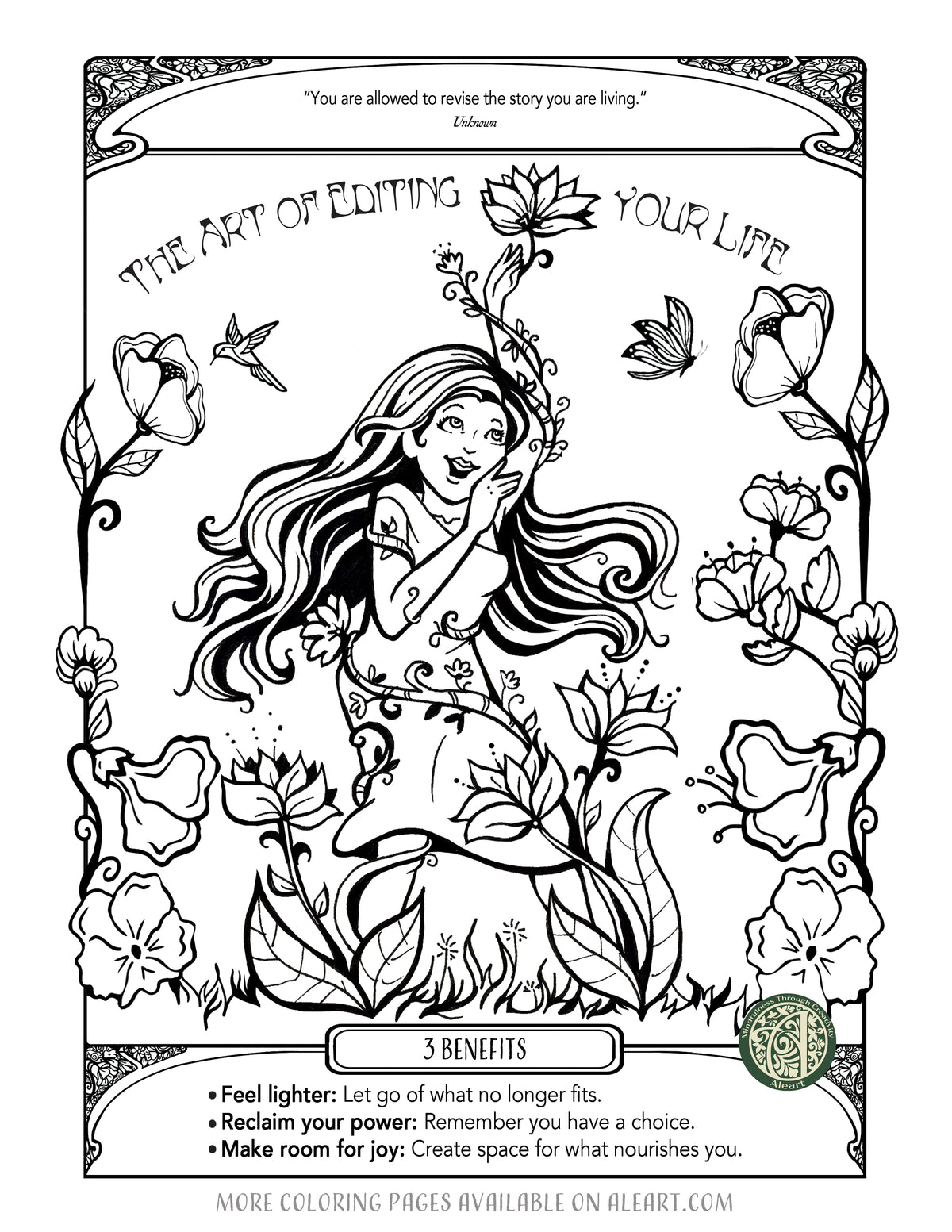 'The Art of Editing Your Life' hand-drawn adult coloring page — a mindful reflection on honoring who you are now.