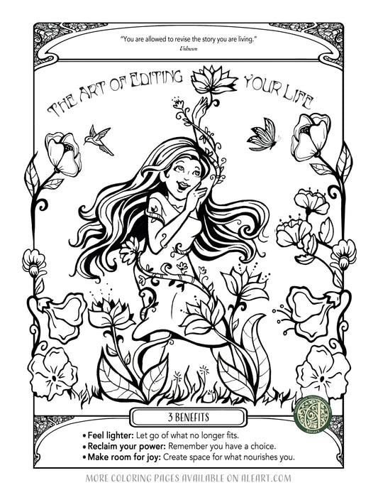 Free coloring back download Black and white illustration of a woman surrounded by flowers and butterflies with motivational text.
