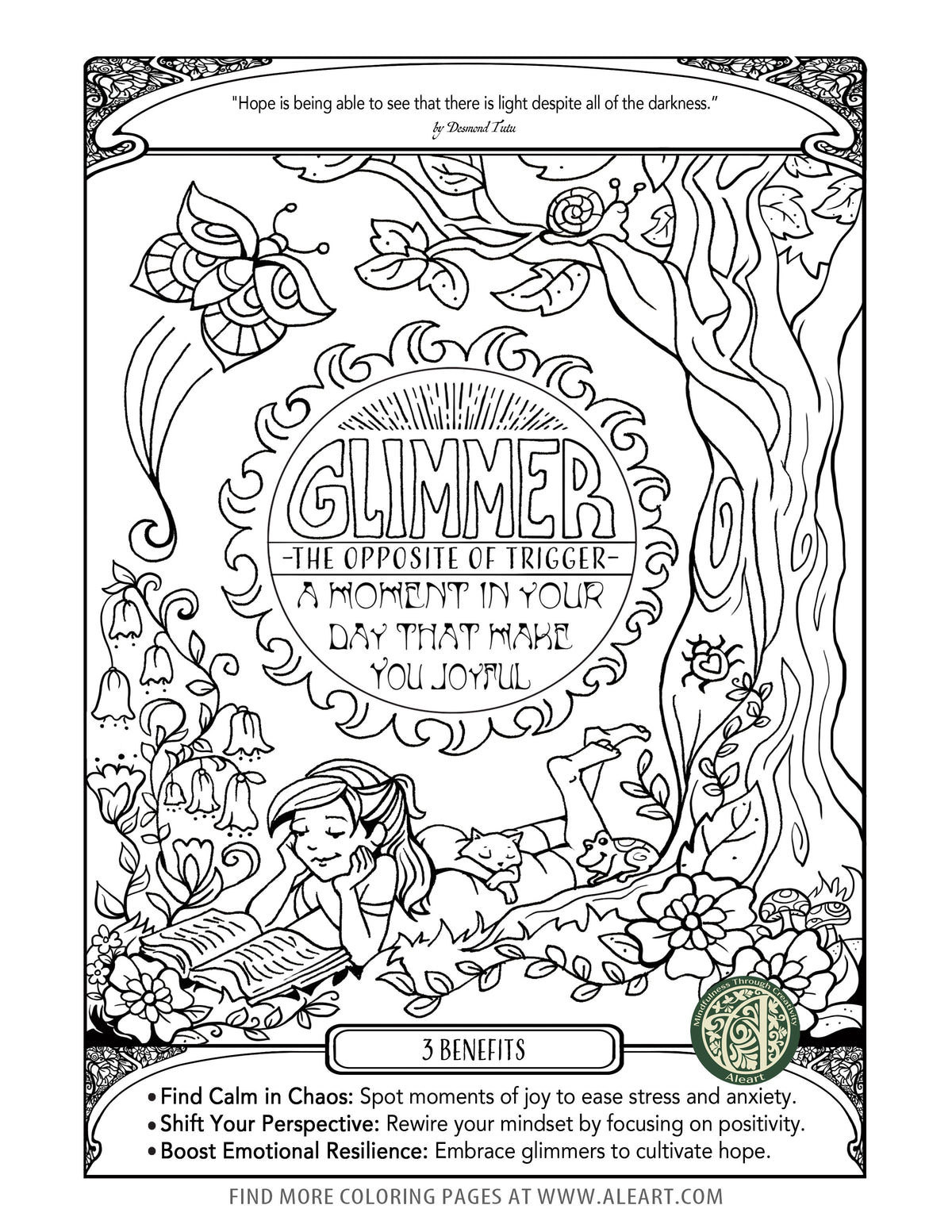 'Building Hope and Resilience' free adult coloring page — hand-drawn art for finding small glimmers of hope.