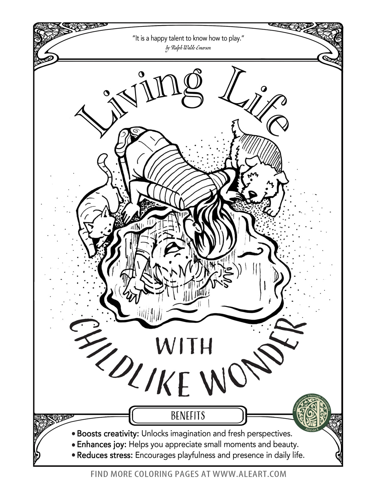 'Unbox Wonder' free adult coloring page — hand-drawn line art for reconnecting with childlike joy and curiosity.